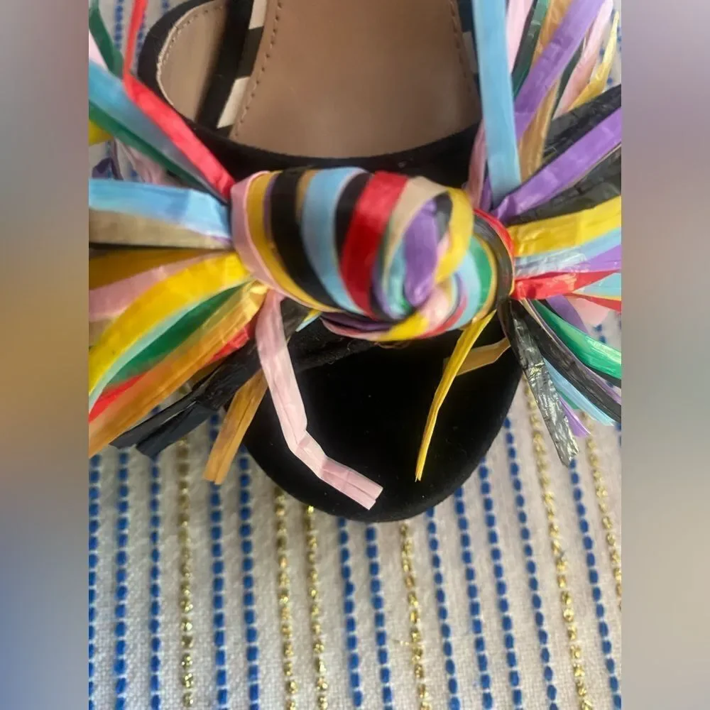 BETSEY JOHNSON 1970s Style Striped Pom Pom Platform Heels size 5.5
